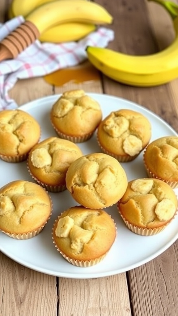 Healthy Air Fryer Banana Muffins Recipe A plate of golden-brown banana muffins on a wooden table with bananas and honey.
